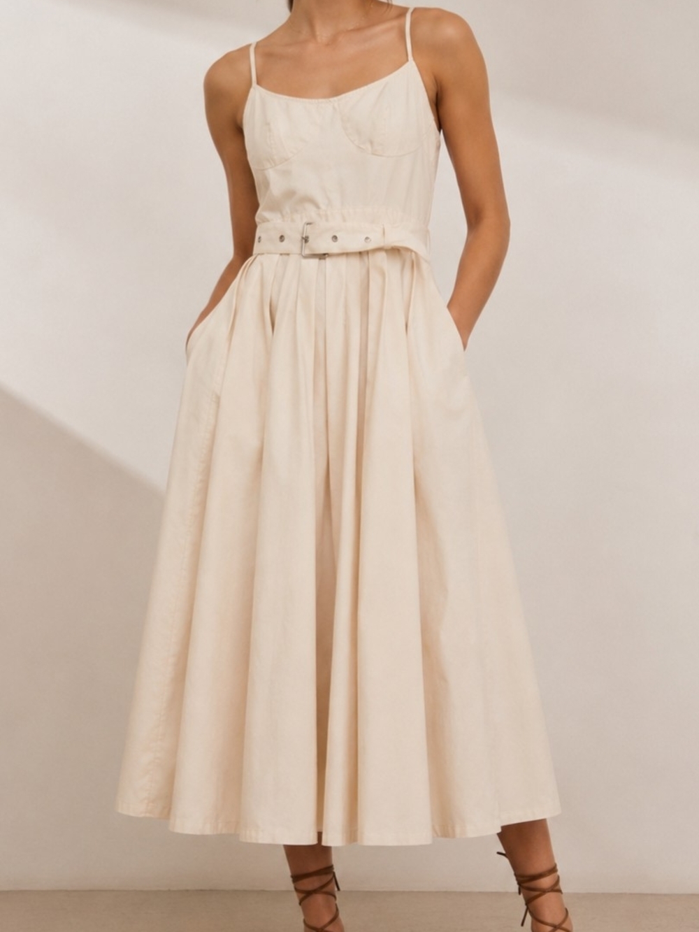 Future Collective Reese Blutstein Cream Belted Midi Dress Size 4 Cottagecore